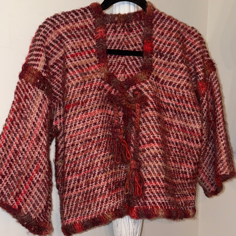 Yew Tree Weavers Handwoven sweater wool tassels closure size is medium large